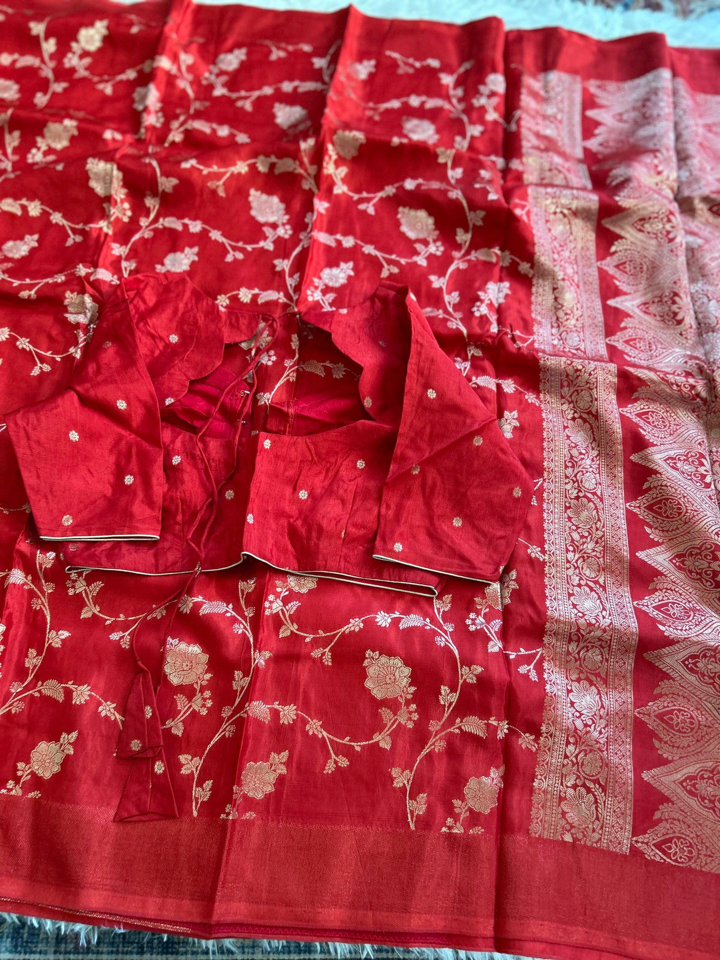 Red on Red Broderless Moonga Silk Saree