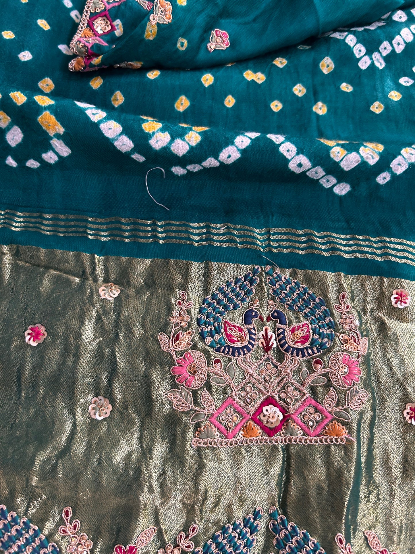 Peacock green Modal silk Bandhini Saree with Embroidered border