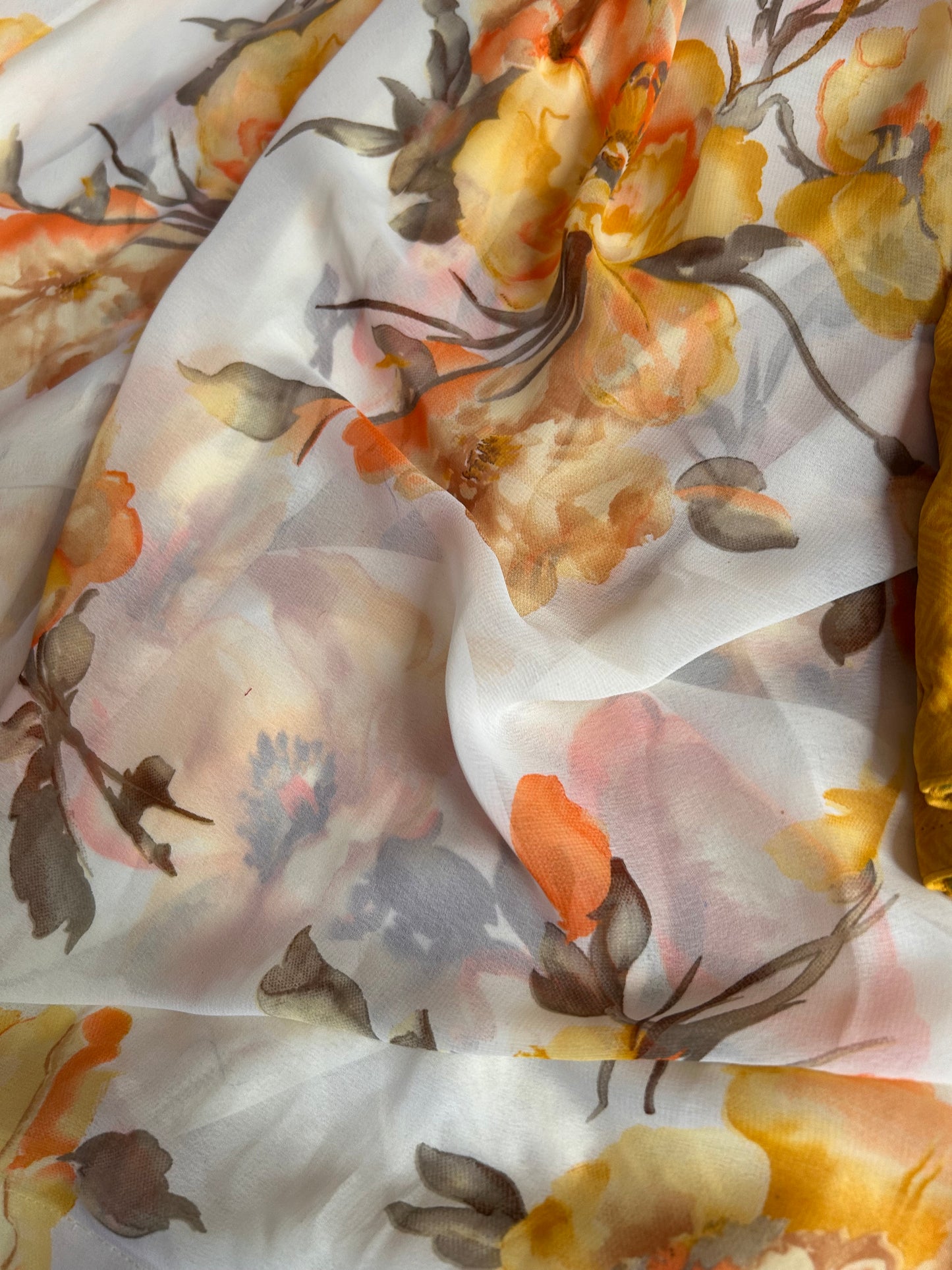Creme color Floral saree with yellow floral print