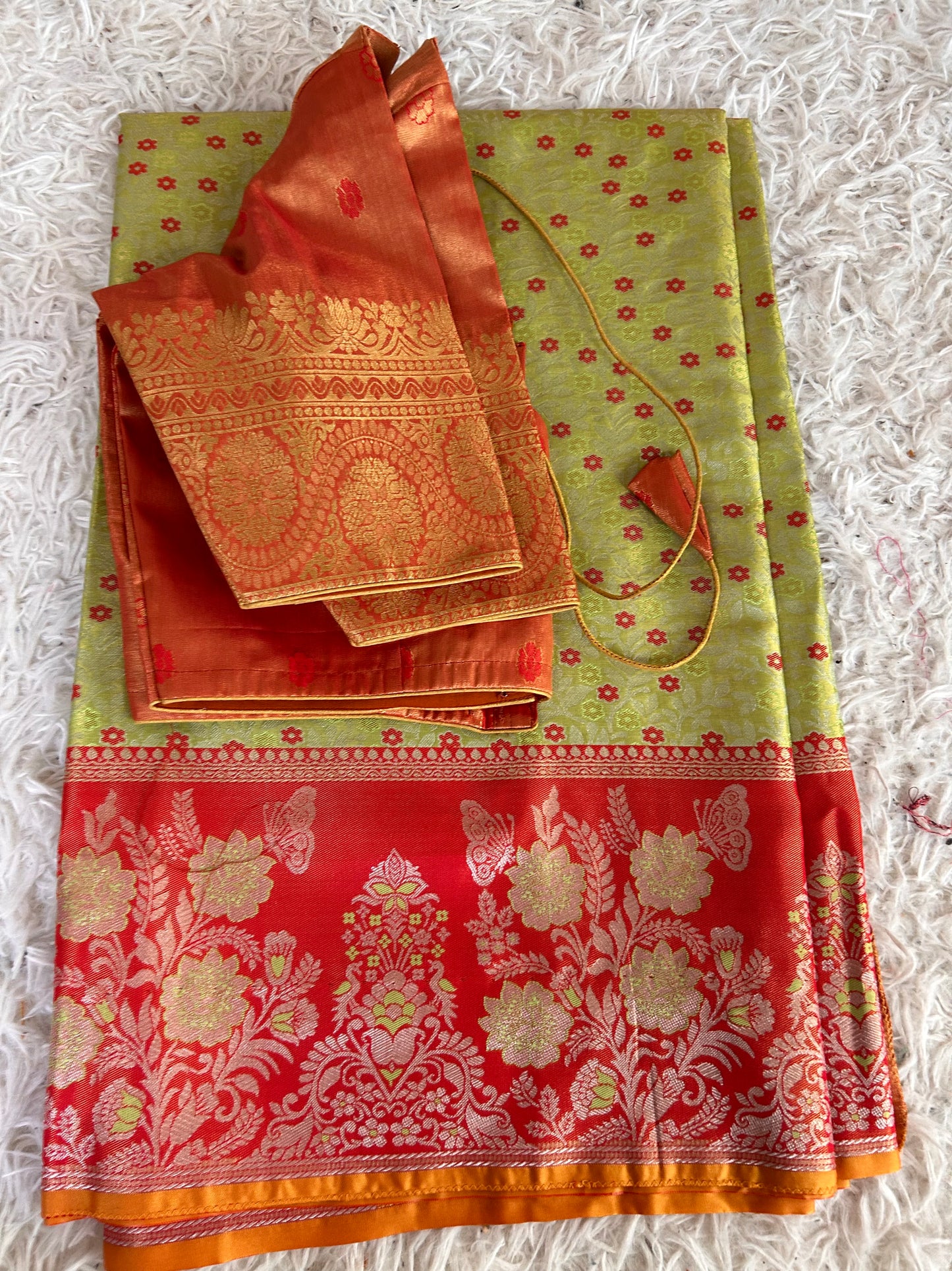 Designer Tissue Banarasi Saree in Green with Orange Border