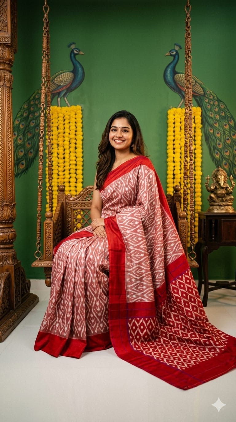 Pure Ikkath Patola Saree in Onion pink eith Red Border