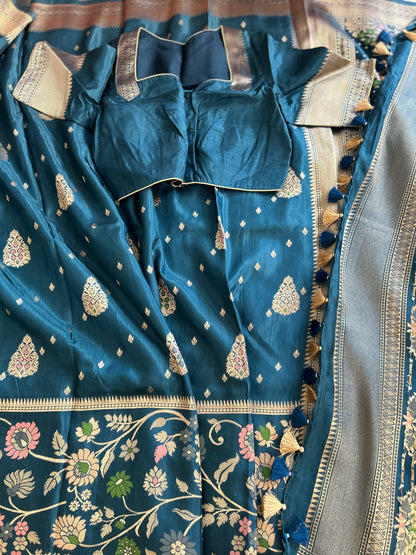 Peacock Blue Banarasi Saree in Moonga Silk