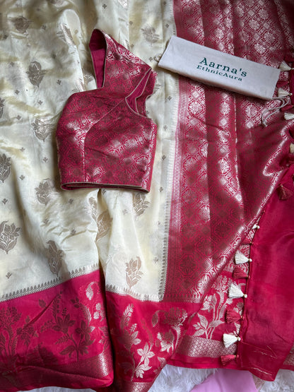Organza Chiffon Saree in creme with Pink Border