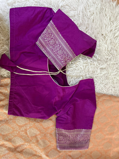 Soft Banarasi Saree in Peach with purple border
