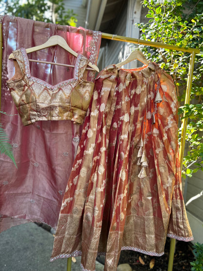 Tissue Lehanga in Maroon Tone