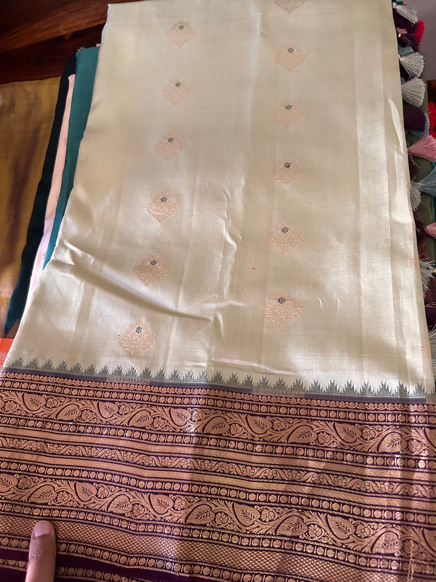 Creme Kanchipuram Saree with Purple Border
