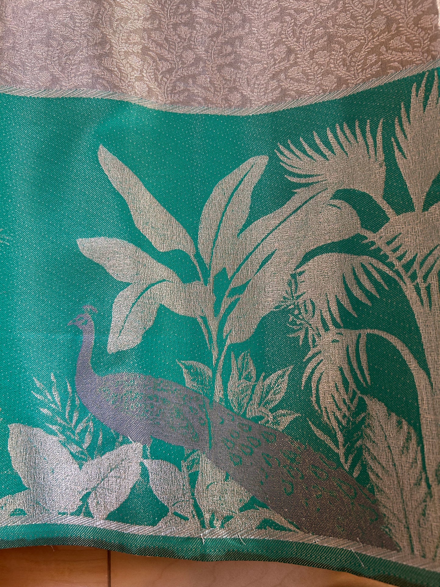 Designer Tissue Banarasi Saree in Silver with Seagreen Border