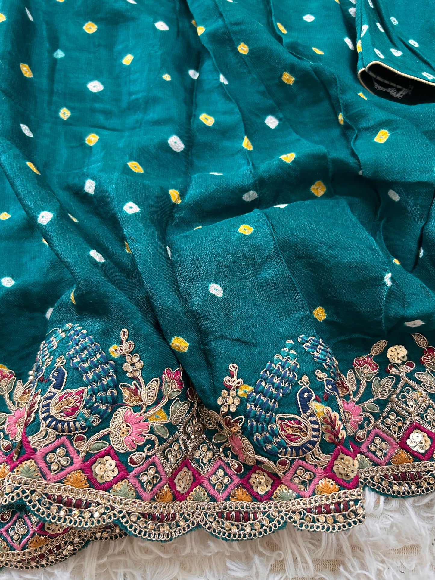 Peacock green Modal silk Bandhini Saree with Embroidered border