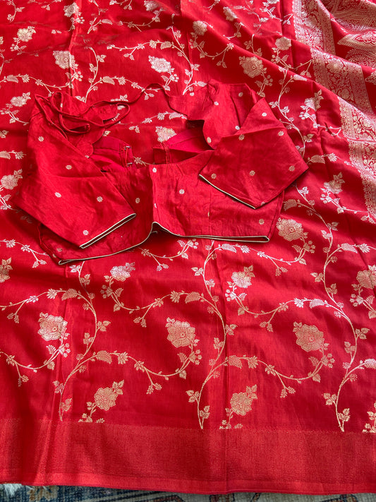 Red on Red Broderless Moonga Silk Saree