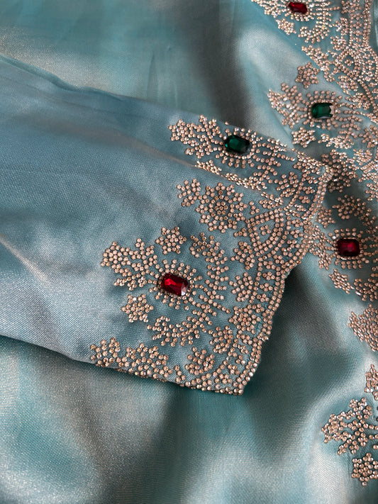 Pastel Blue Tissue Saree with stitched Blouse