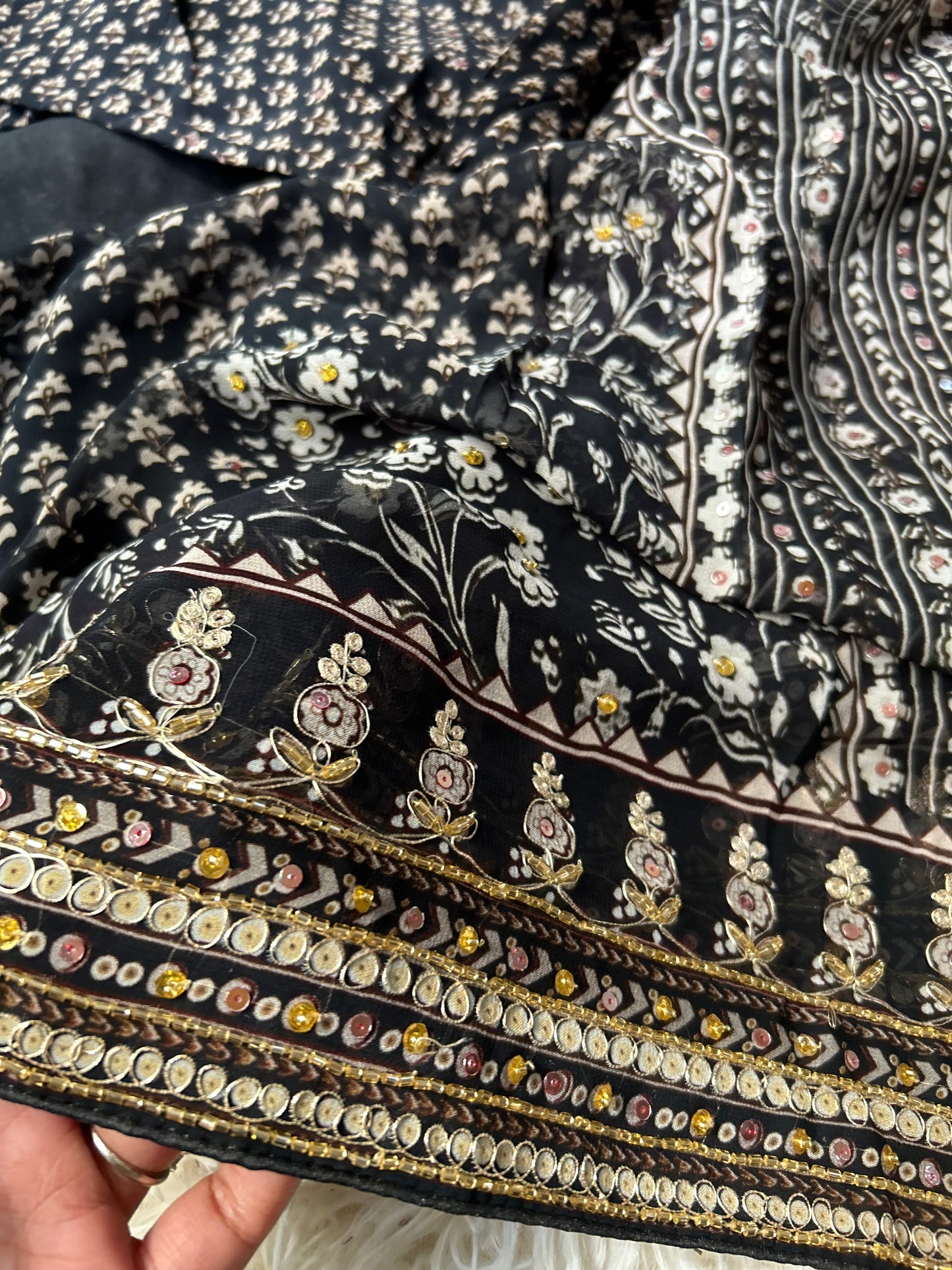 Pure Georgette Saree with hand embroidery - Black