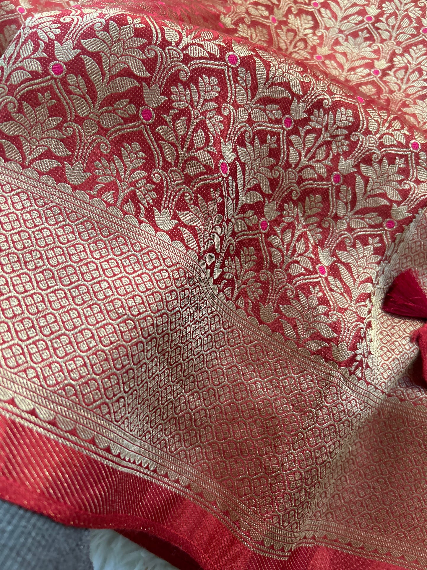 Pure Crepe Brocade Saree in Brick Red