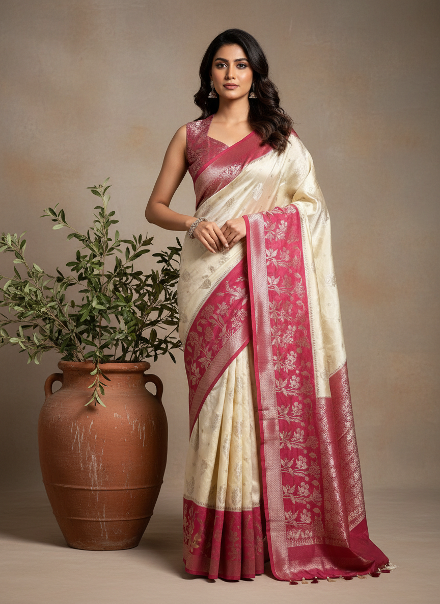 Organza Chiffon Saree in creme with Pink Border