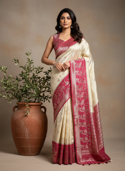 Organza Chiffon Saree in creme with Pink Border