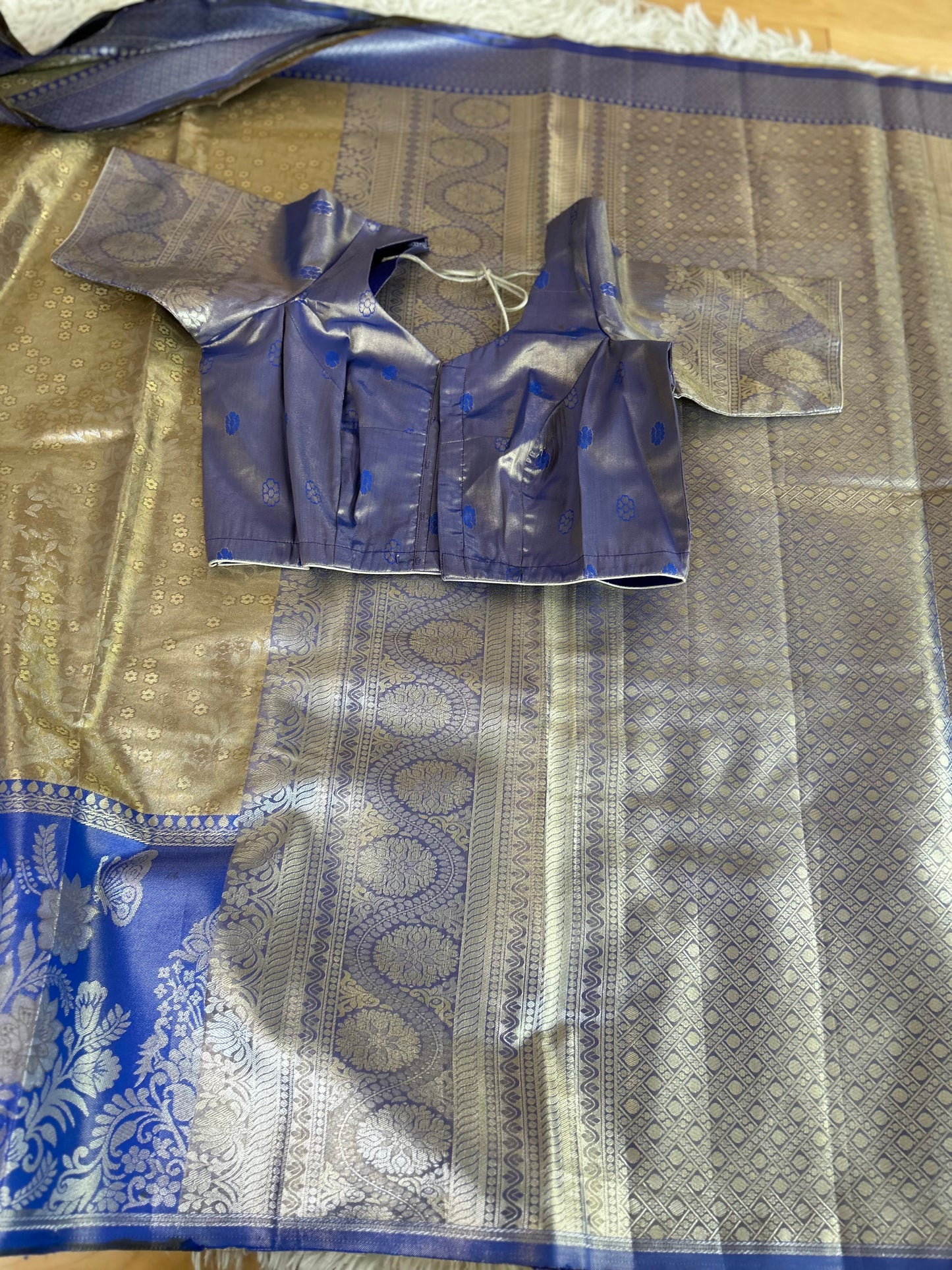 Designer Tissue Banarasi Saree in Gold with Royal Blue Border