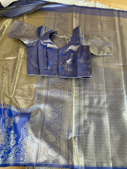 Designer Tissue Banarasi Saree in Gold with Royal Blue Border