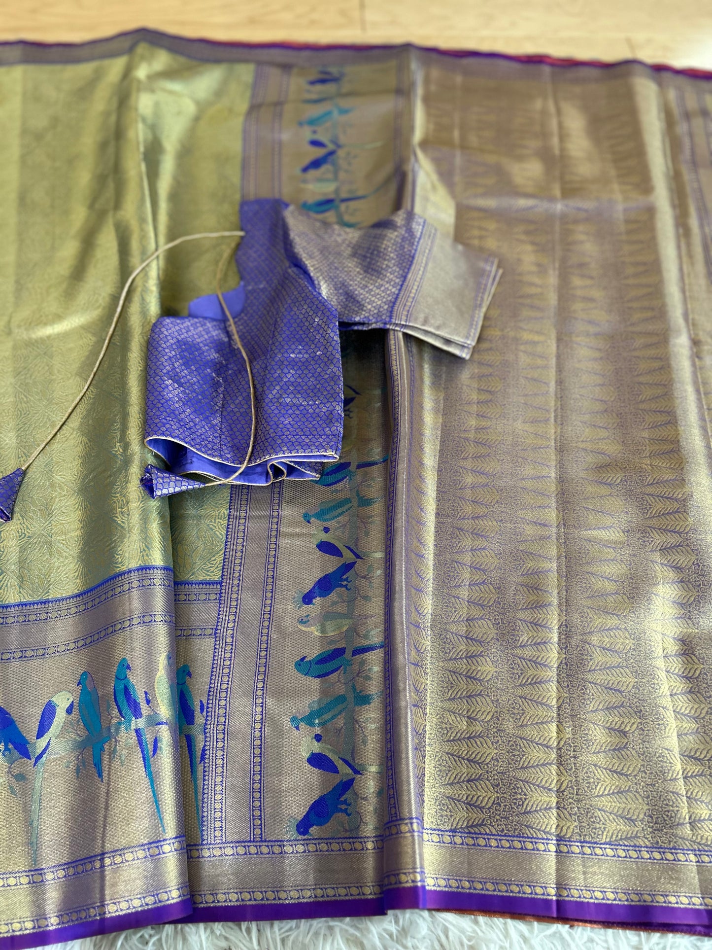 Designer Tissue Banarasi Saree in Green with Violet Border