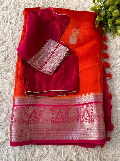 Mango Silk Saree in Orange Color with Pink border