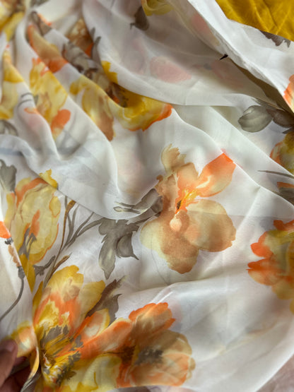 Creme color Floral saree with yellow floral print