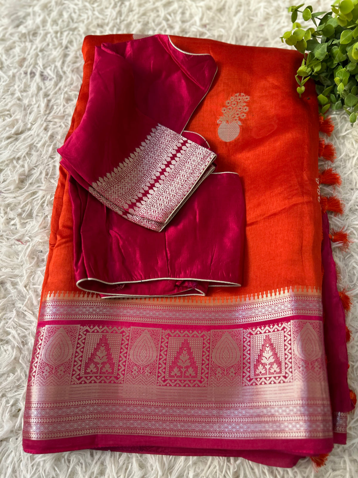 Mango Silk Saree in Orange Color with Pink border