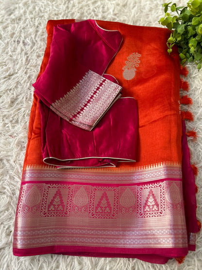 Mango Silk Saree in Orange Color with Pink border