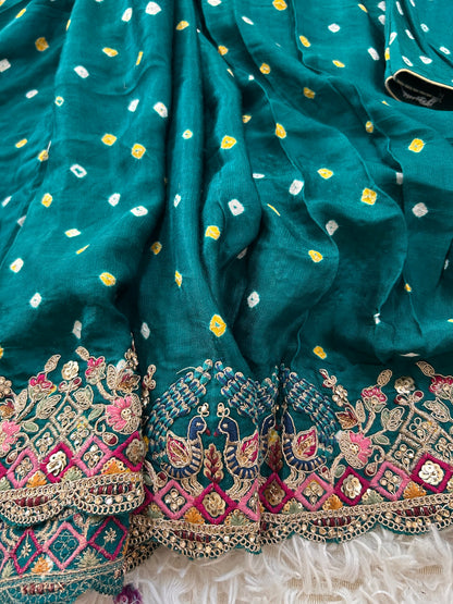 Peacock green Modal silk Bandhini Saree with Embroidered border
