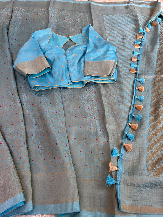 Pure Crepe Brocade Saree in Pastel Blue