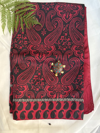 Marroon Tusser Saree with Black Digital Print