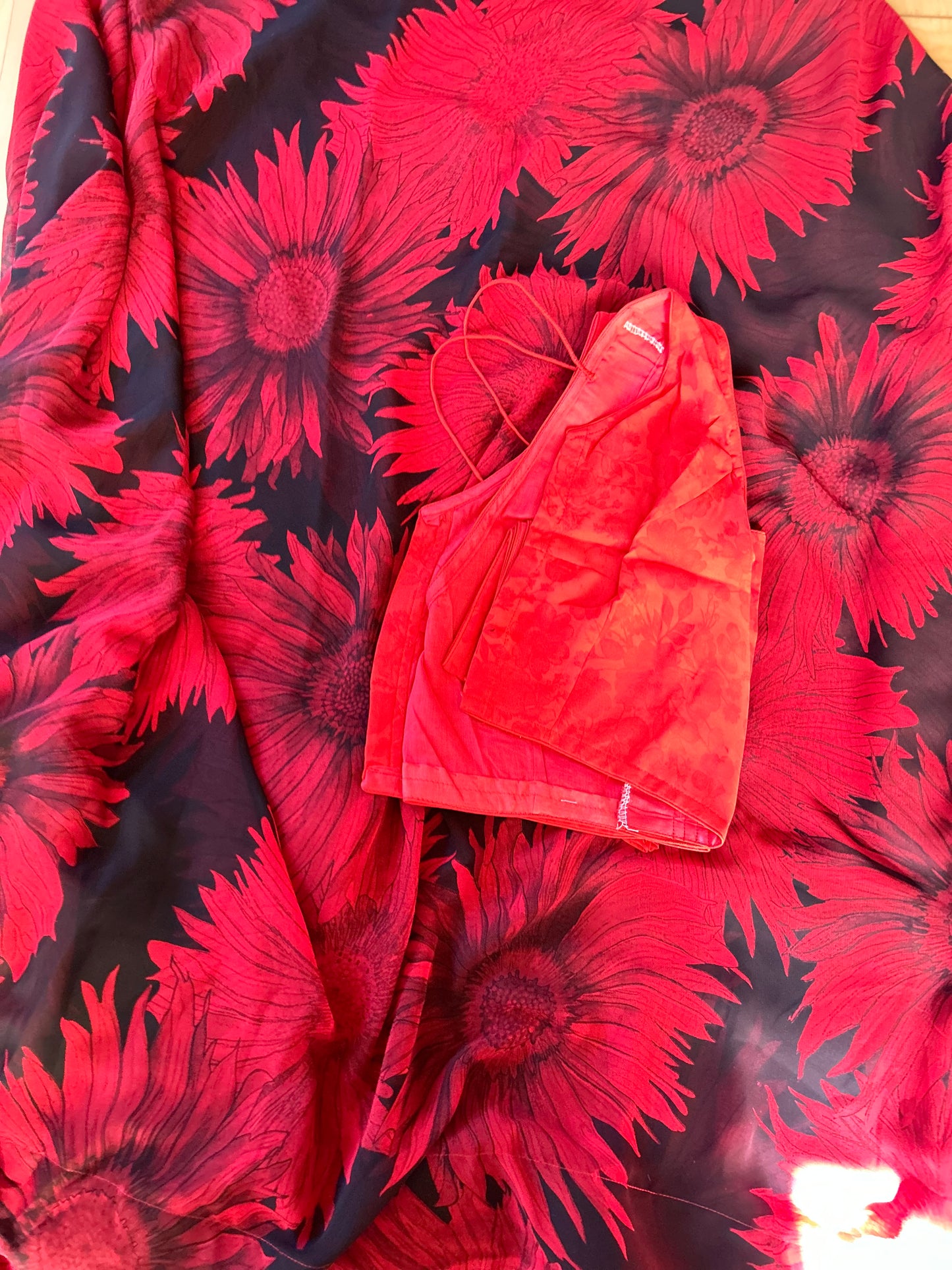 Black & Red Floral Georegette Saree