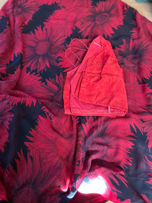 Black & Red Floral Georegette Saree