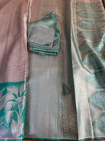 Designer Tissue Banarasi Saree in Silver with Seagreen Border