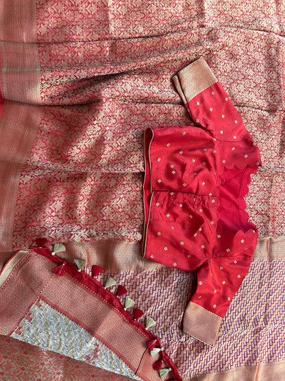 Pure Crepe Brocade Saree in Brick Red