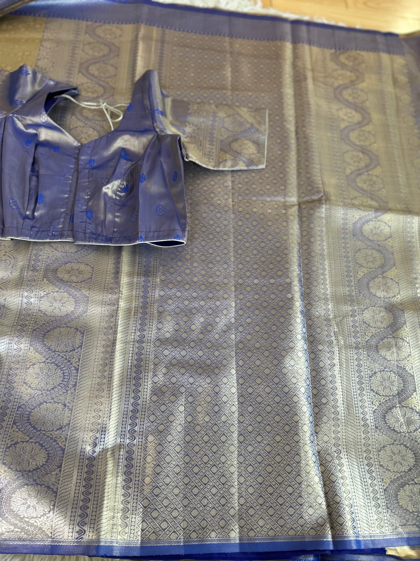 Designer Tissue Banarasi Saree in Gold with Royal Blue Border