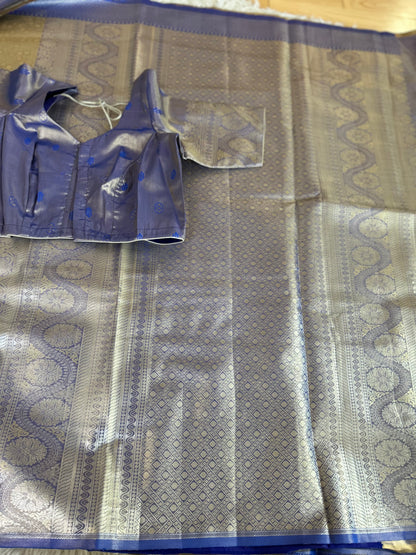 Designer Tissue Banarasi Saree in Gold with Royal Blue Border