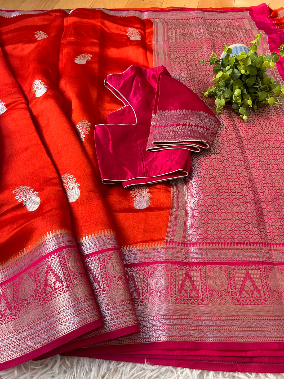 Mango Silk Saree in Orange Color with Pink border