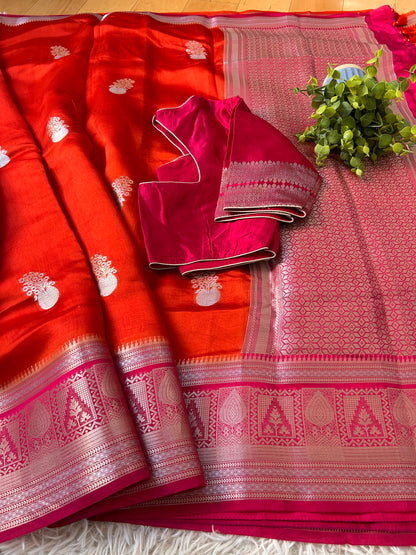 Mango Silk Saree in Orange Color with Pink border