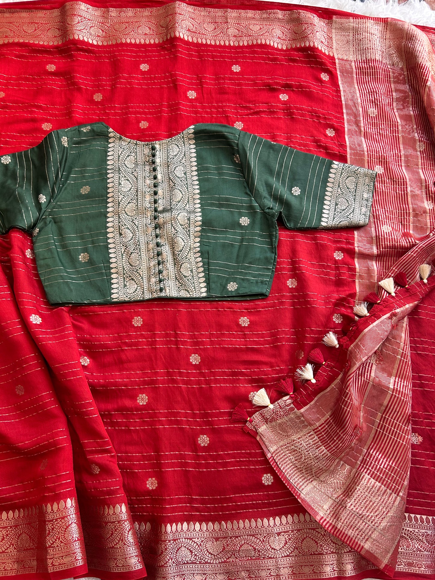 Chiffon Saree in Red with Green Blouse