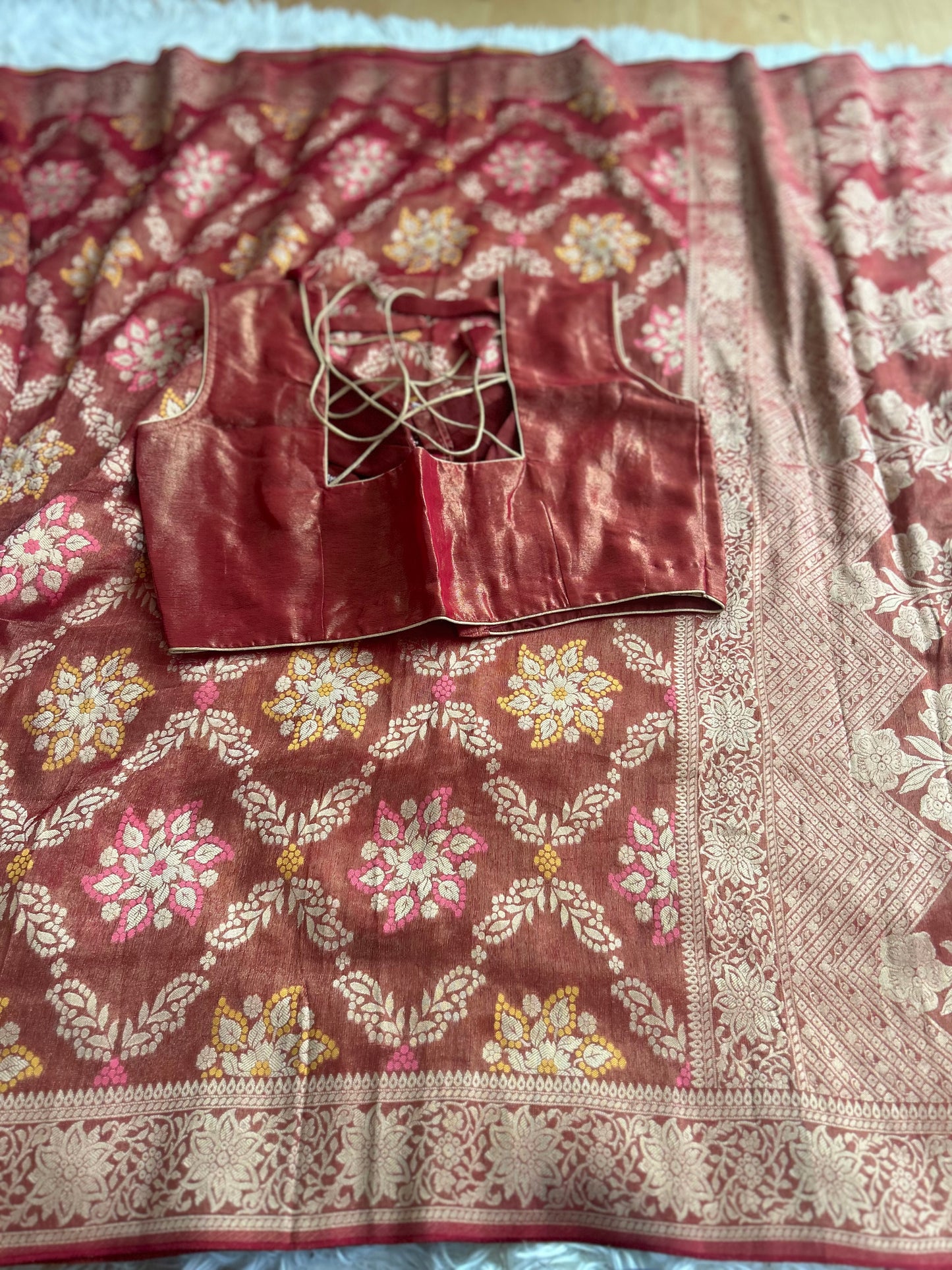 Khaddi Tissue Georgette Saree in Brick Red
