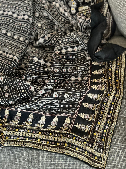 Pure Georgette Saree with hand embroidery - Black