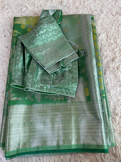 Designer Tissue Banarasi Saree with peacocks in Green