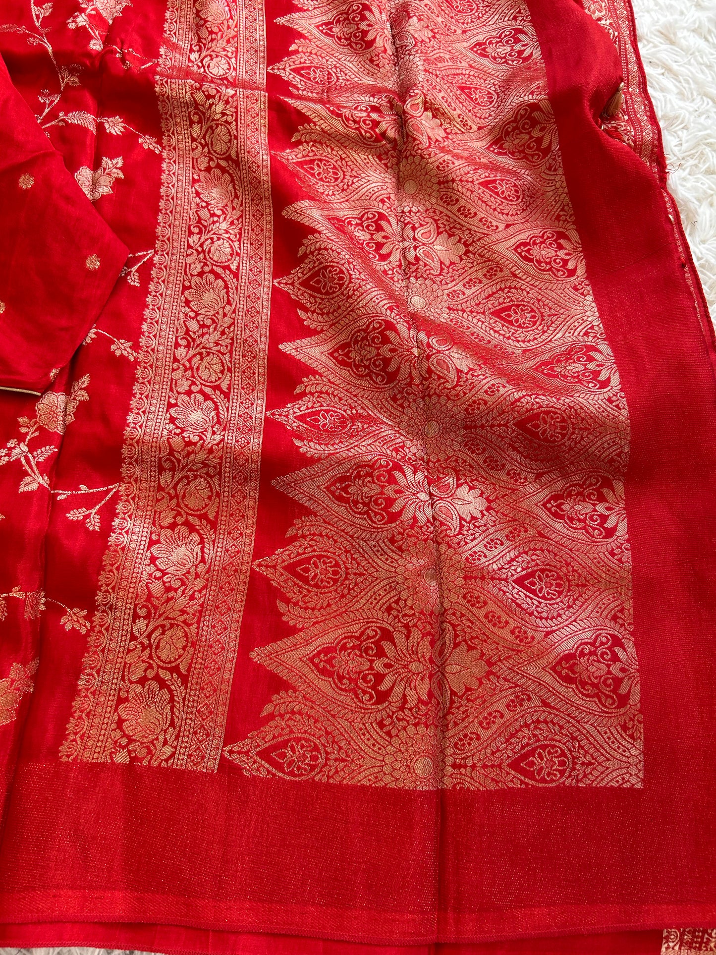 Red on Red Broderless Moonga Silk Saree