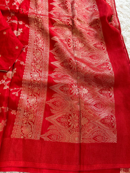 Red on Red Broderless Moonga Silk Saree