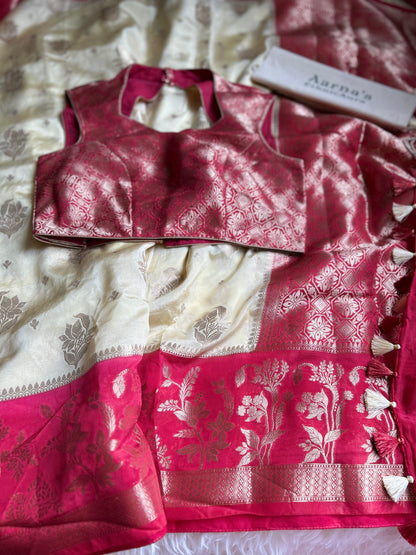 Organza Chiffon Saree in creme with Pink Border