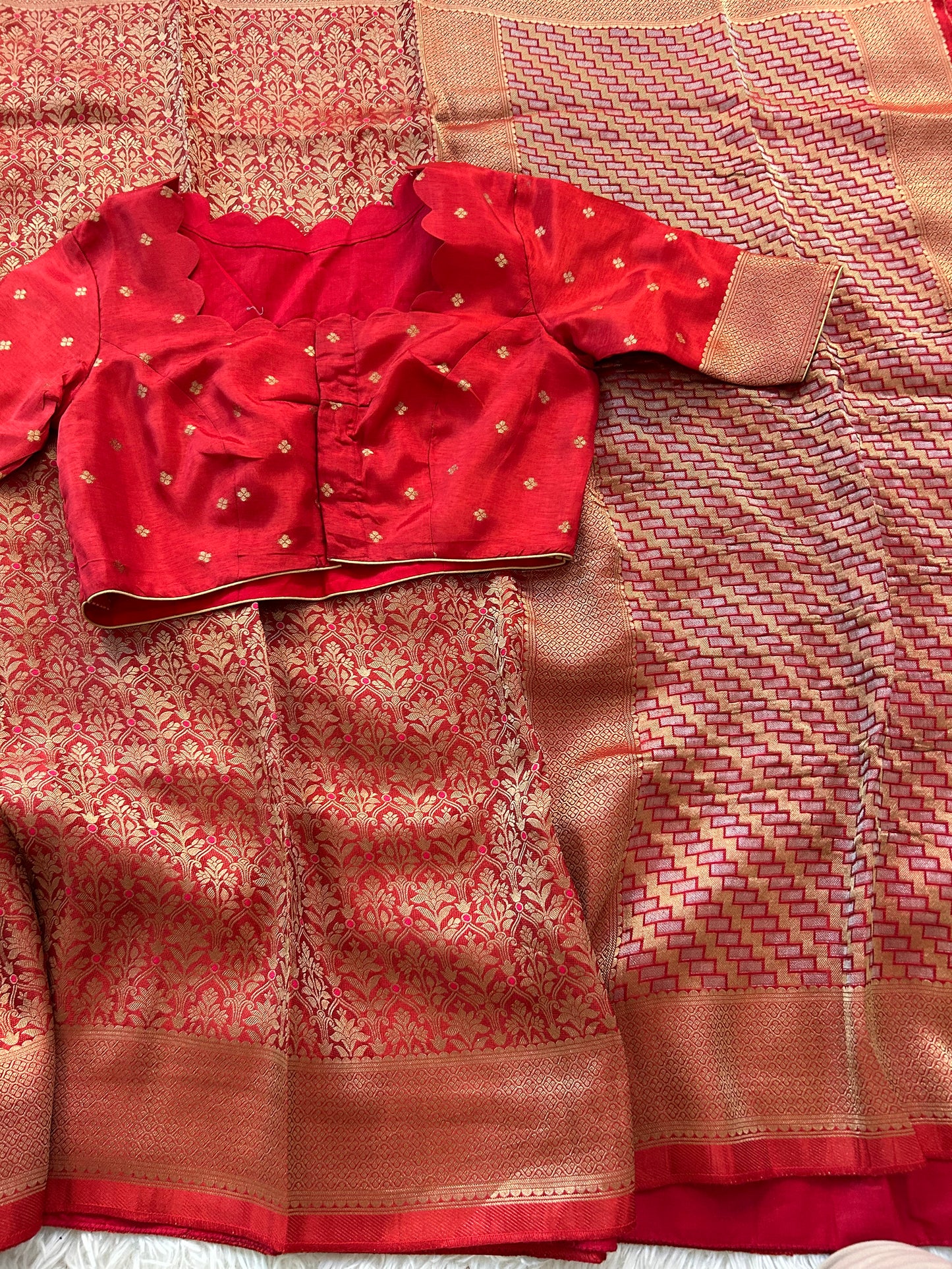 Pure Crepe Brocade Saree in Brick Red