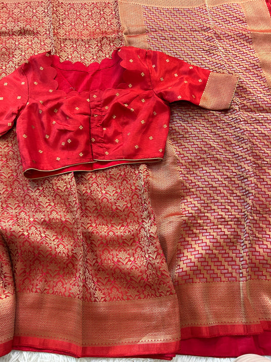 Pure Crepe Brocade Saree in Brick Red