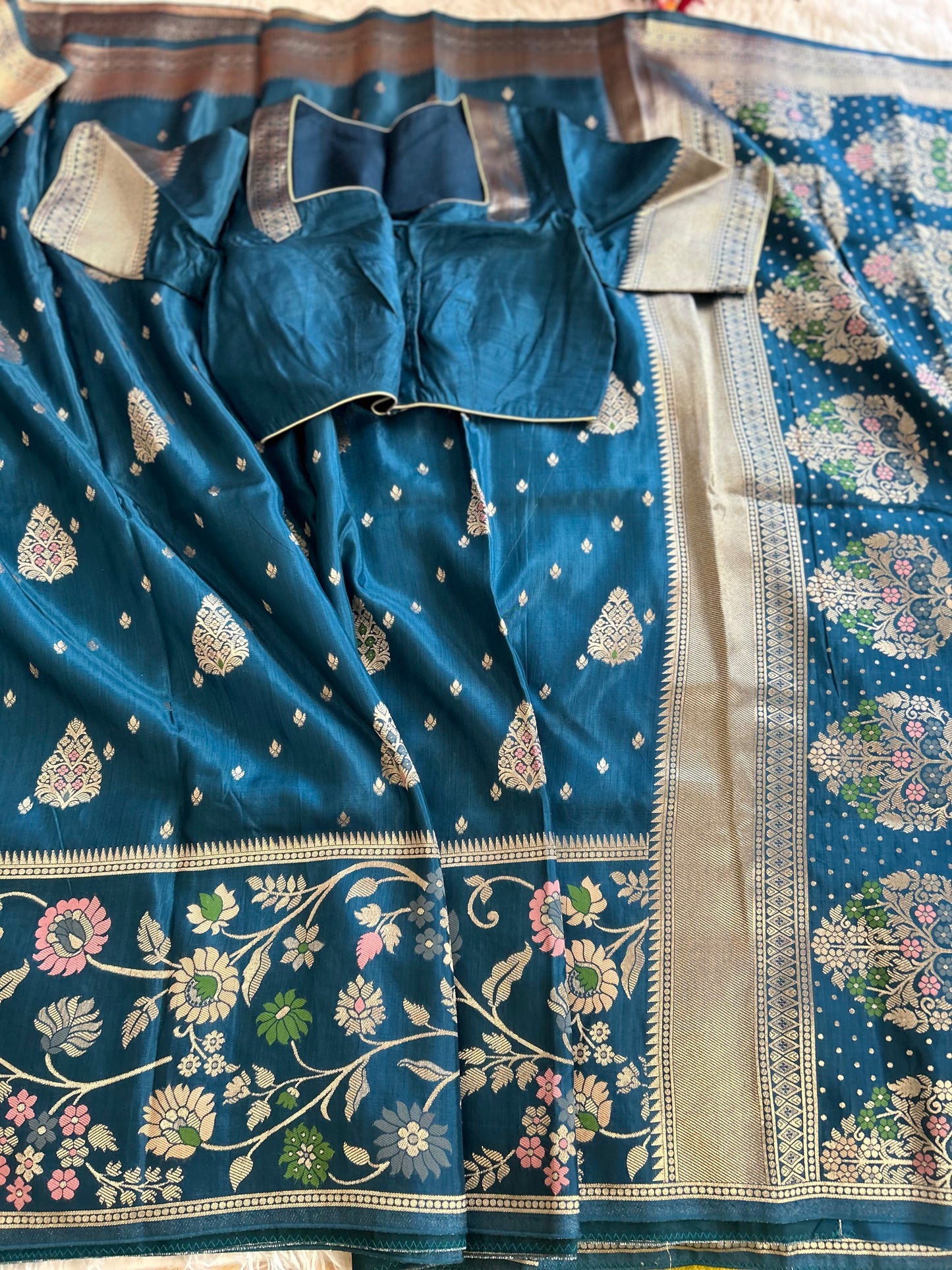 Peacock Blue Banarasi Saree in Moonga Silk
