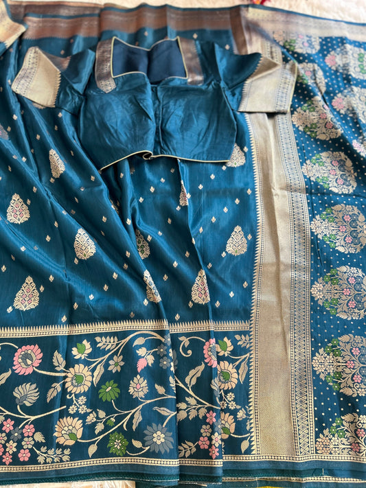 Peacock Blue Banarasi Saree in Moonga Silk
