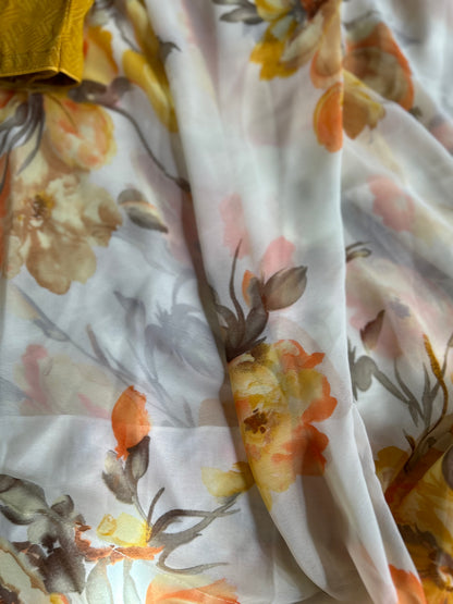 Creme color Floral saree with yellow floral print