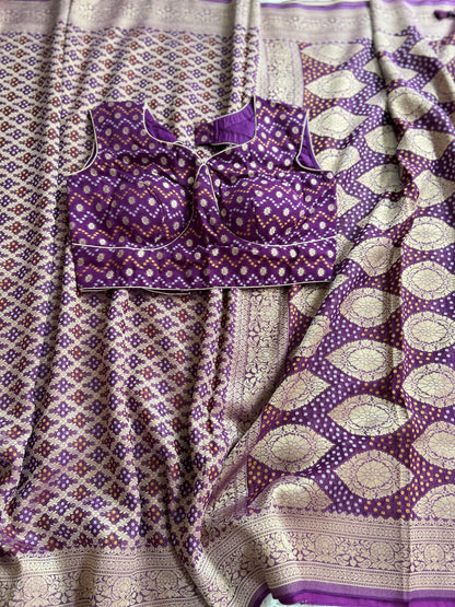 Khaddi Georgette in Purple with Bandhini design