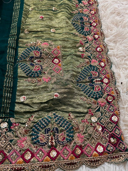 Peacock green Modal silk Bandhini Saree with Embroidered border